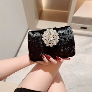 Black Velvet Clutch with Crystal Brooch | Formal Evening Bag